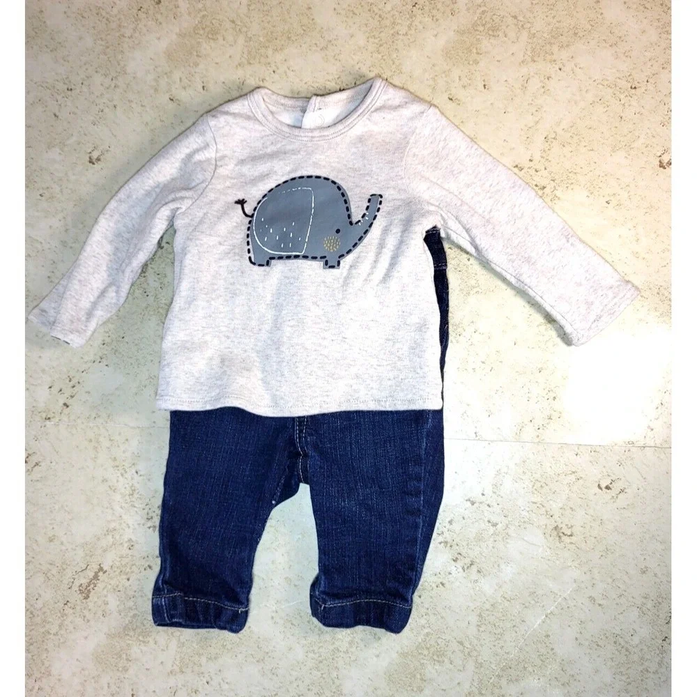 Wonder Nation Cream Reversible Elephant Snap‎ Top/GAP Snap Front Blue Jeans 0-3M